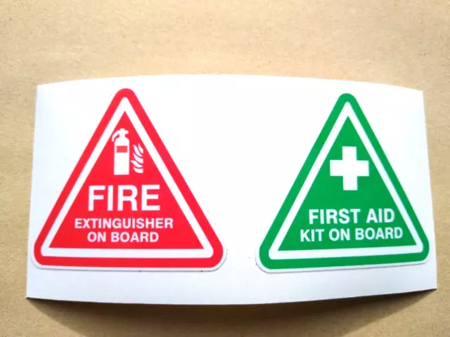 First Aid & Fire Extinguisher on Board X 2, 50mm Sticker Bus Van HGV Taxi  Home