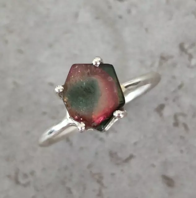 Wassermelonen Turmalin Scheibe Ring 925 Sterlingsilber Größe 51 Handarbeit R1814