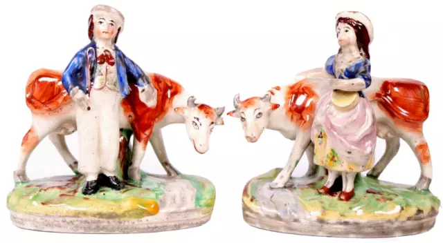 Staffordshire Pottery Cow Milkmaid and Farm Hand Circa 1890