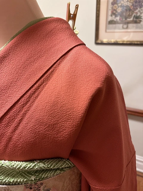 Japanese Vintage Traditional Red Silk Furisode Kimono Robe + Gold Embroidery Obi 6