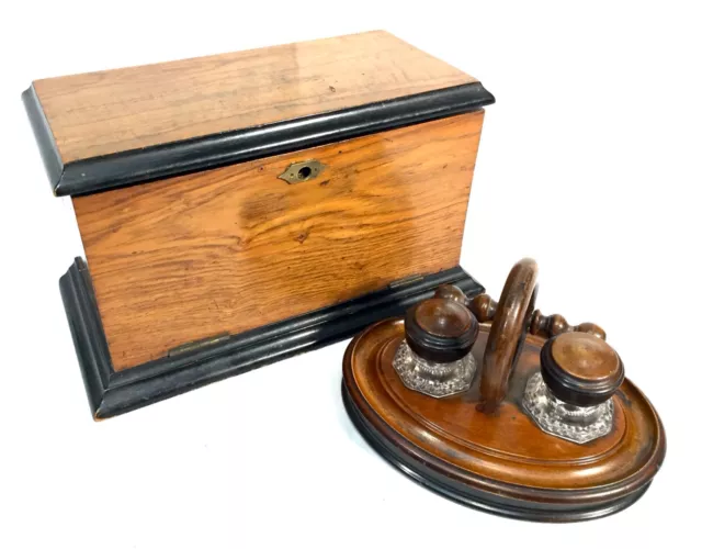 Antique Wooden Stationery Box & Inkwell Stand Set Letter Desktop Tidy / Cabinet