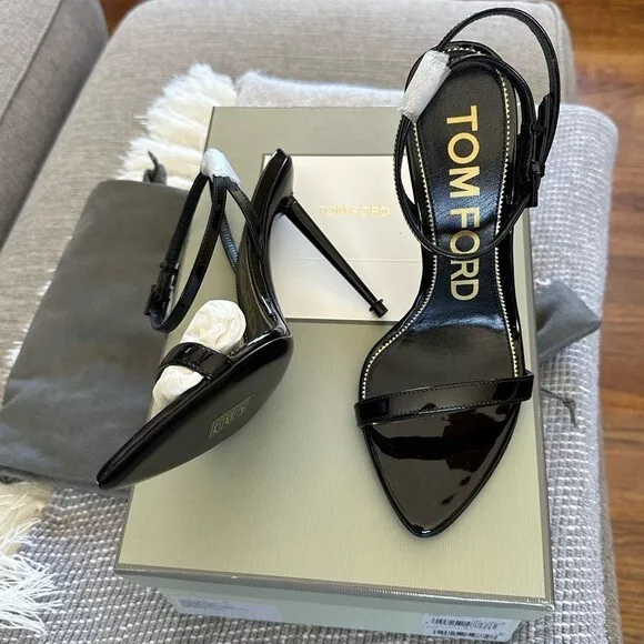 TOM FORD BLACK PATENT LEATHER Lock Ankle-Strap Sandals BRAND NEW