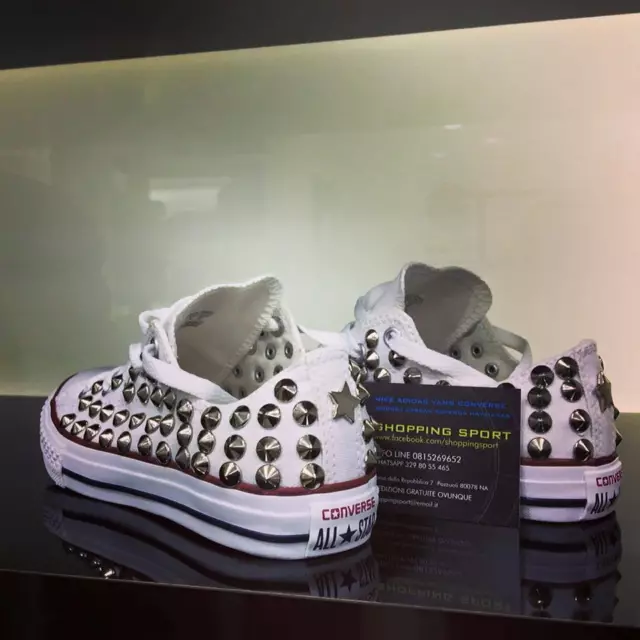 Converse All star Bianche basse personalizzate con borchie Argento Stella Star