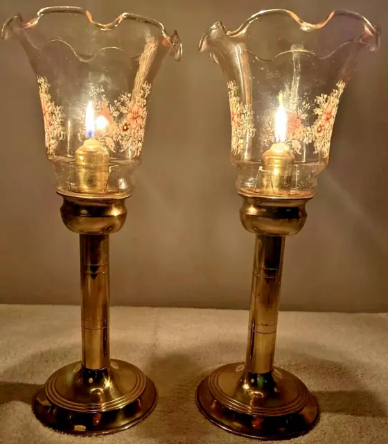 Brass & Painted Handkerchief Glass Candlestick Pair  32 cm Tall Vintage