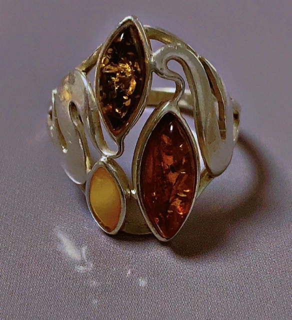 Bague Imposante Argent Massif Et Ambre - Taille 55 - Splendide - Occasion