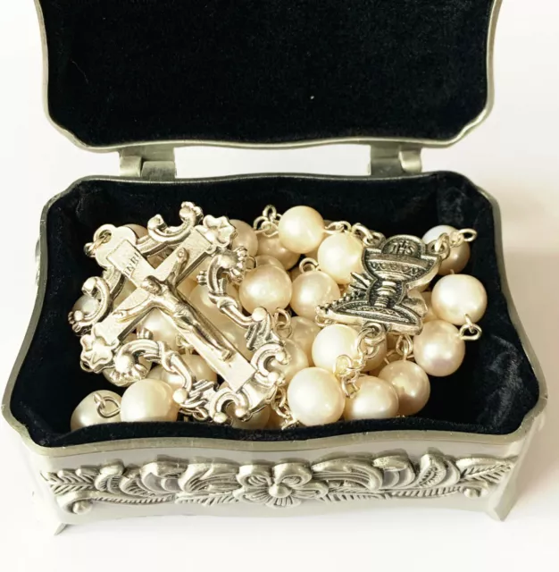 First Communion XL 10MM Real Pearl BEADS CATHOLIC ROSARY CROSS NECKLACE BOX