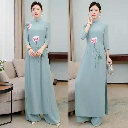 Set Cheongsam Aodai Vietnam Qipao Abito Orientale Stampa Floreale Top Festa + Pantaloni 2