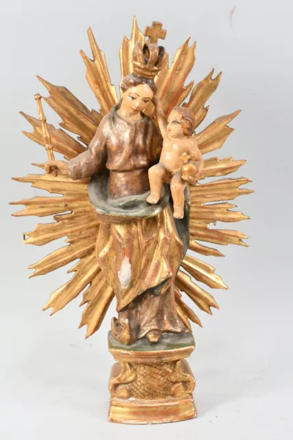 B60X10- Holz Heiligenfigur, Madonna mit Kind und Strahlenkranz, 18.Jh.