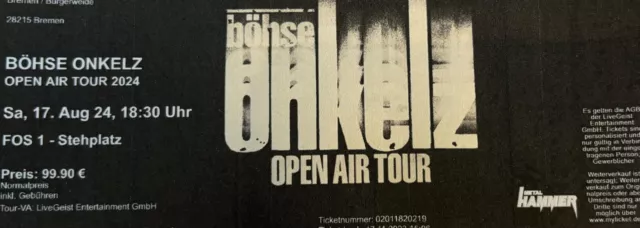 Böhse Onkelz 2 Tickets Bremen 17.08.2024 Open Air Tour