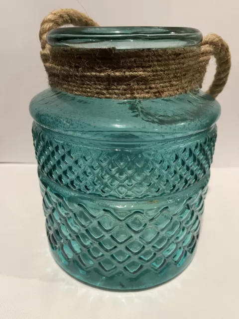 Rustic Hanging Blue Glass Jar Rope Netting Flower Vase Candle Holder Decor