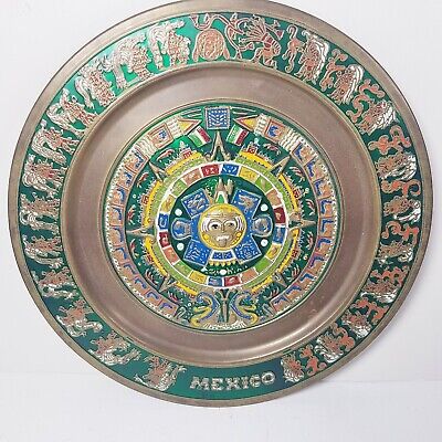 11" Metal Plate Mexico Mayan Aztec Calendar Mexicana Art Brass Wall Vtg Decor