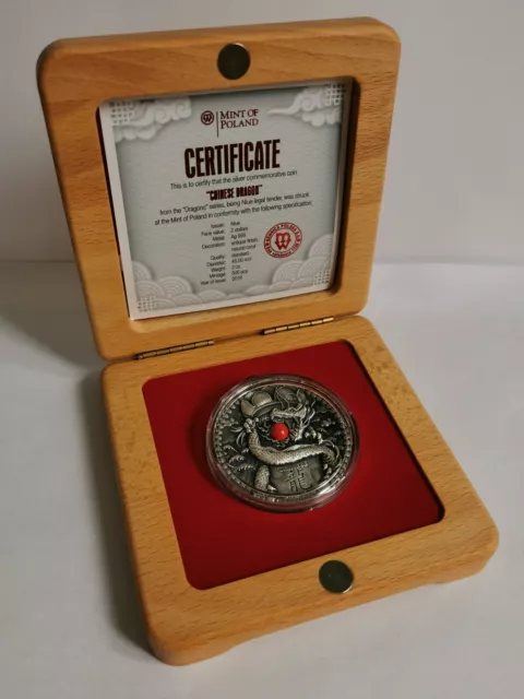 2 Oz Silber Münze CHINESE DRAGON Antik Finish – Niue 2018 - Auflage 500 Stück