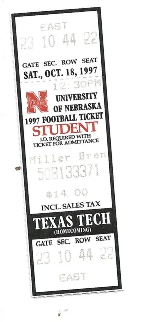 1997 Nebraska Texas Tech student college football ticket stub National Champions