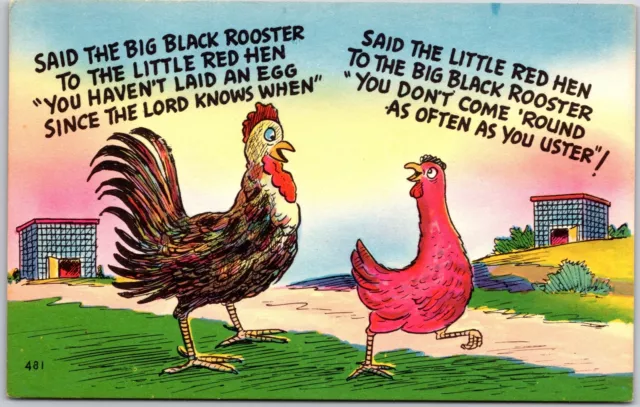 Rooster Chicken Walking Red Hen Black Rooster Comic Card Postcard