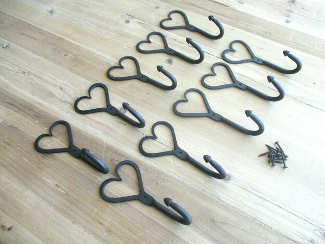 10 Iron Coat Hooks Hat Hand Forged 6 1/4"  Antique Style Hook Heart U-Shape Hat