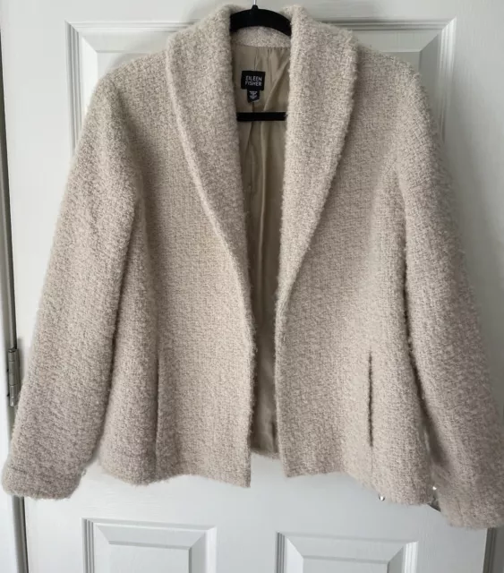 Eileen Fisher Teddy Jacket Fuzzy Blazer Medium Wool Blend Hook Closure-pockets