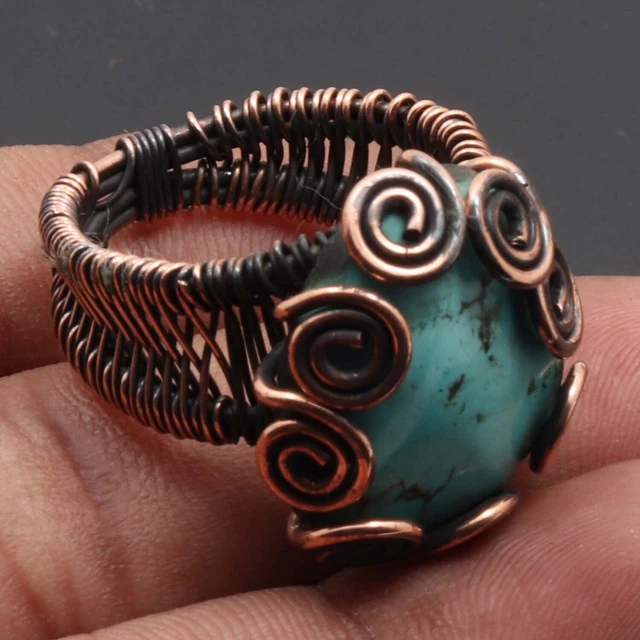 G4425 Turquoise Gemstone Copper Wire Wraaped Ring US 8.5 Jewelry