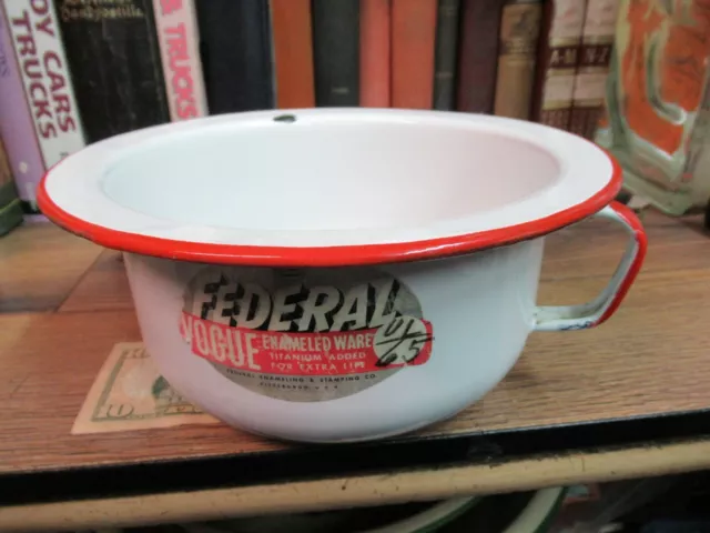 Vintage White & Red Enamelware Chamber Pot with Label, Large Enamel Ware Potty