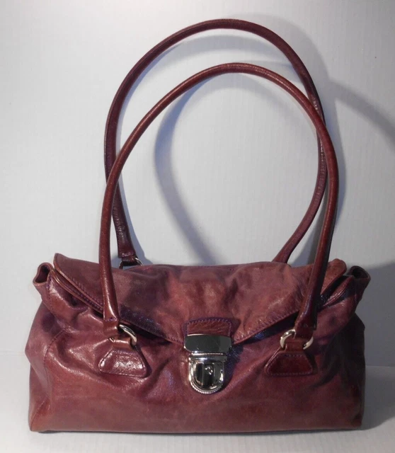 Paola Perlina Burgundy Wine Soft Distressed Leather Shoulder Baguette Purse EUC