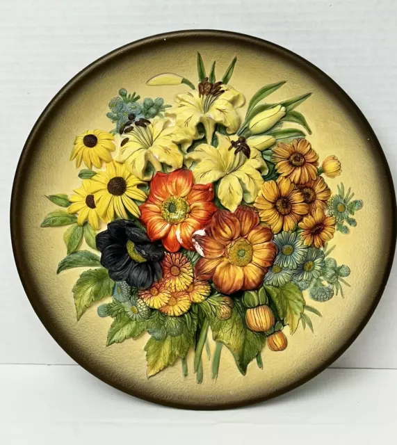 Vintage Boston’s England Chalkware Hand painted Flowers Large Round Autumn Gold