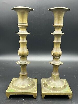 Antique Pair of Brass Candlesticks Holders, 9 1/2" Tall, 3 1/4" x 3 1/4" Bottom