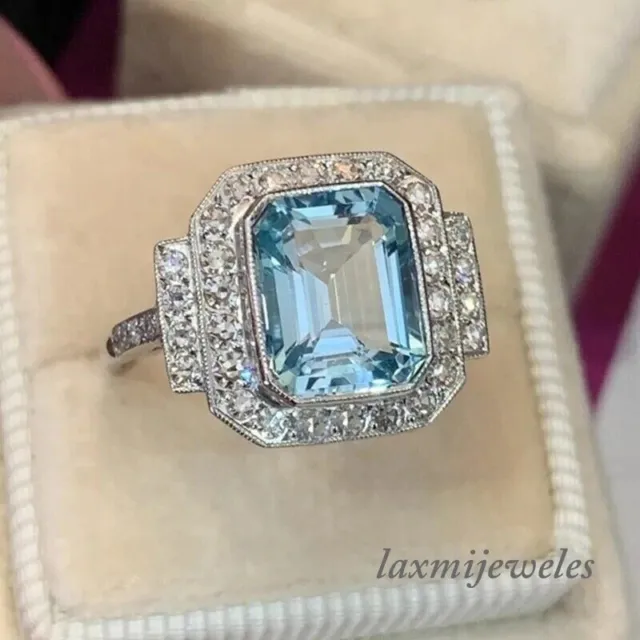 Genuine 3.51CT Emerald Cut Blue Topaz Engagement Wedding Ring 14K White Gold FN