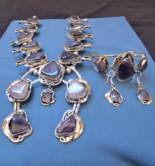 HUGE Amethyst Silver Squash Blossom Necklace /w Bracelet and Earrings