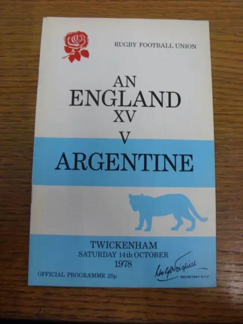 14/10/1978 Rugby Union Programme: England v Argentina [At Twickenham]. UK ORDERS