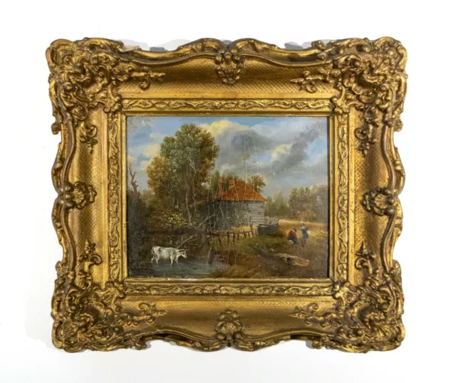 Fine 19th Century Oil on Panel - English Cottage Farm Scene in Gilt Frame