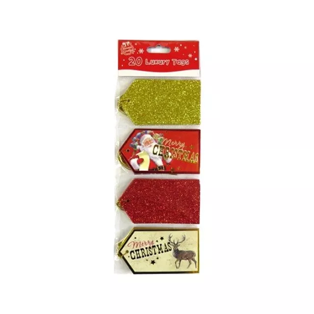 Packung 20 Luxus Weihnachten Etiketten Karten Gepäck Stil Rot Gold Glitter Folie
