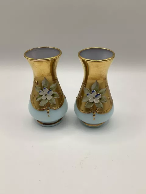 Pair Of Vintage Pale Green Milk Glass Opaline Bud Vases Hand painted Gold Czech