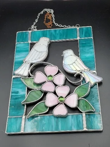 Vintage 3D Stained Glass Birds & Flowers Handmade Window Panel Art  8”x11”