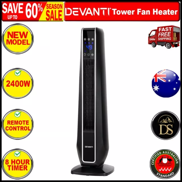 Devanti Electric Ceramic Tower Fan Heater Portable Oscillating Remote 2400W