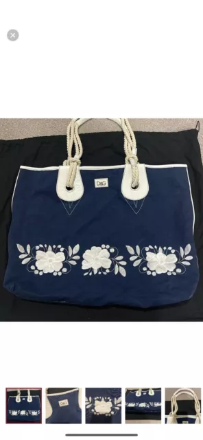 Dolce & Gabbana Blue Floral Embroidered Canvas Tote/ Beach Bag