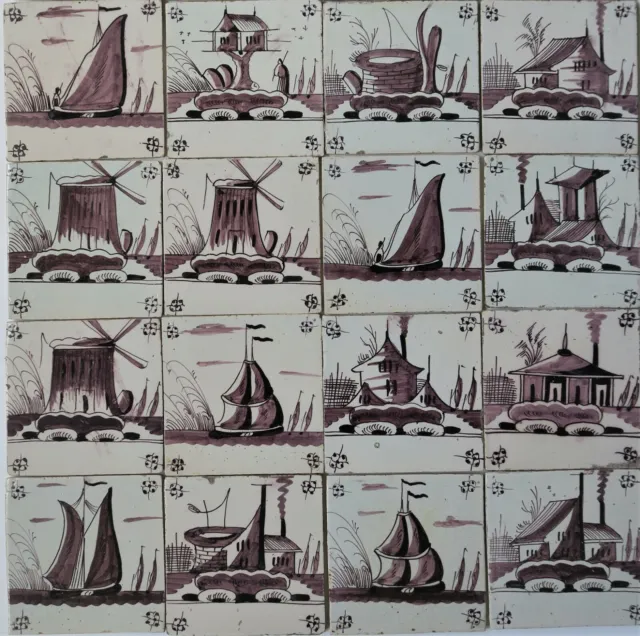 28 SUPERB Dutch Delftware Delft faience tile carreaux sailboats, windmills etc. 2