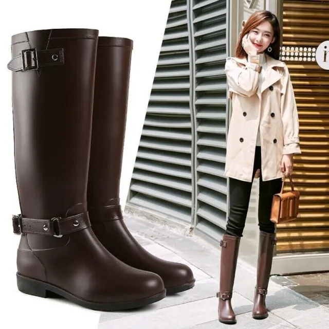Women's Boots Knee High Zip Waterproof Rubber Shoes Size UK 6 Brown Gift, Xmas