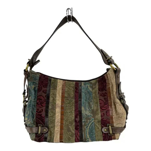 Fossil Womens Hobo Handbag Multicolor Chenille Brocade Stripe Patchwork Boho M