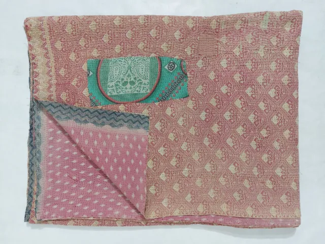 Vintage kantha handmade recycled cotton fine stitched queen quilt 60x90"