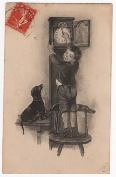 AK Neujahr, Junge auf Stuhl stellt Uhr und Dackel schaut zu
