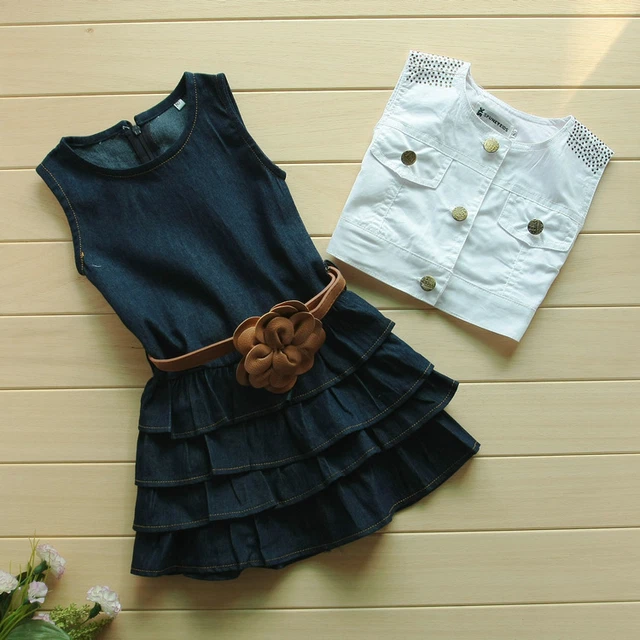 3 pz abito in denim + gilet + cintura set vestiti bambini abiti per bambine