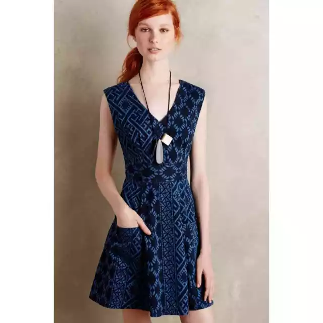 Anthropologie Plenty Tracy Reese Diamond Denim Fit Flare Dress Indigo Blue Sz S