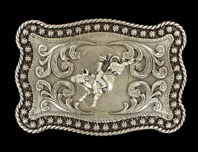 Nocona Western Mens Belt Buckle Bull Rider Rope Edge Rectangular Silver 3759002
