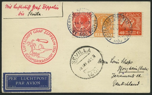 ZULEITUNGSPOST Niederlande: 1930, Südamerikafahrt bis Sevilla, Prachtkarte