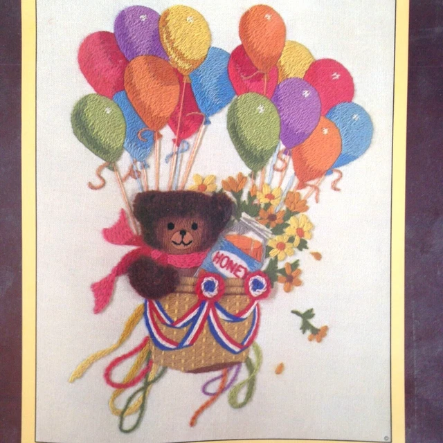 Sunset Stitchery Honey Bear Rides Again Crewel Kit 2606 Globos de Aire Caliente De Colección