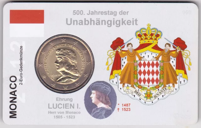2 Euro MONACO 2012 * 500 Anni Indipendenza - LUCIEN I. + Carta moneta / CoinCard