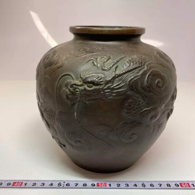 Dragon Relief Old Bronze Vase 7 inch Japanese Antique