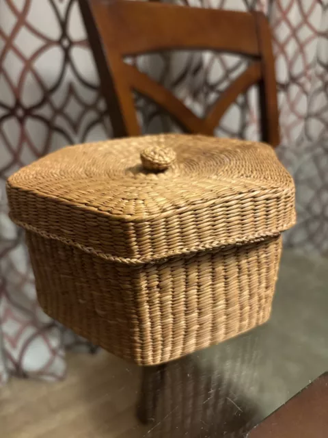 Hexagon Seagrass-Woven Lidded Basket 3”x6” with Woven Knob Handle on Lid