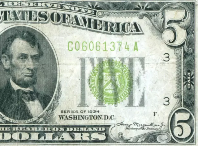 $5 1934 LGS LIME ((LIGHT GREEN SEAL)) Federal Reserve Note DAILY CURRENCY