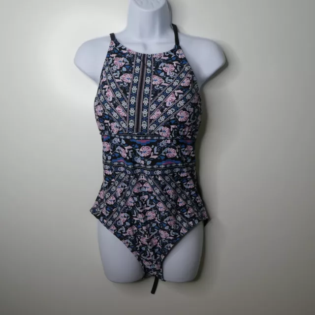 Mossimo One Piece Swimsuit Womens Large Black Halter Open Back Floral