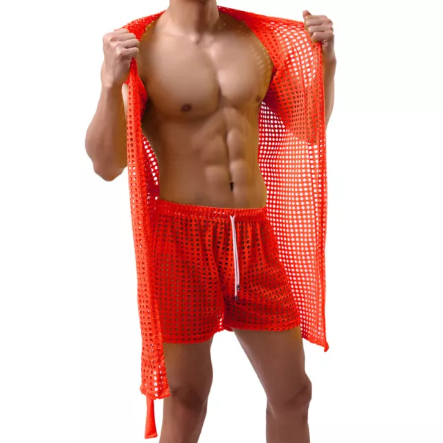 Hommes Sexy Transparent Maille Robe à Capuche Peignoir Kimono Pyjamas